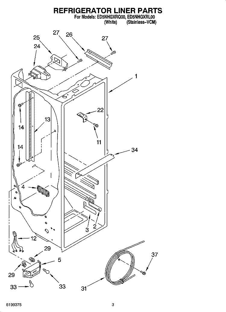 REFRIGERATOR LINER PARTS Diagram and Parts List for ED5NHGXRQ00  Whirlpool Refrigerator