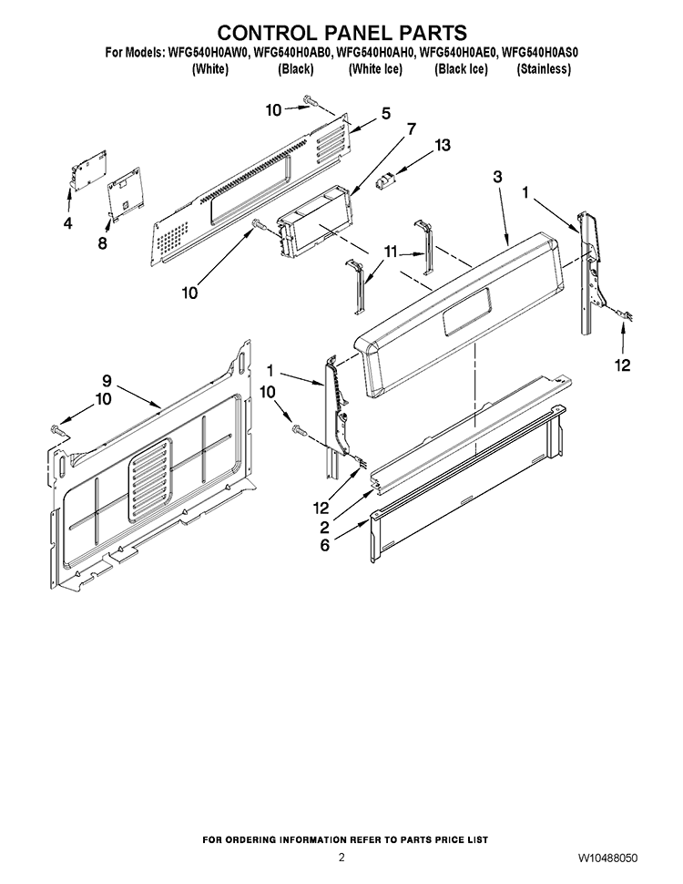 CONTROL PANEL PARTS Diagram and Parts List for WFG540H0AE0  Whirlpool Range