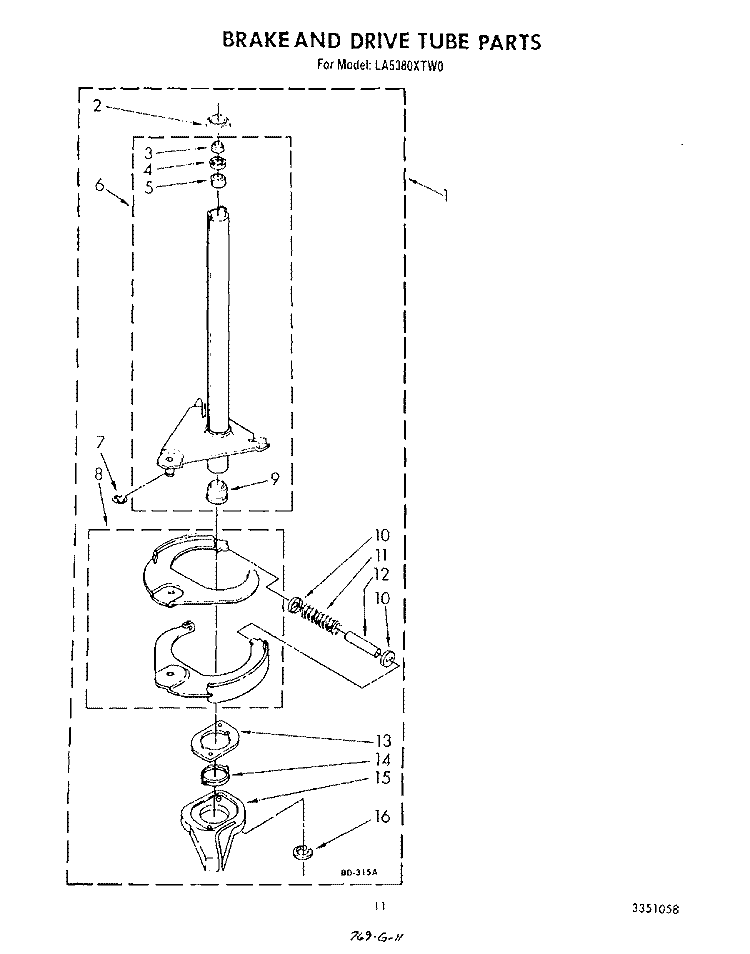 BRAKE AND DRIVE TUBE Diagram and Parts List for LA5380XTG0  Whirlpool Washer