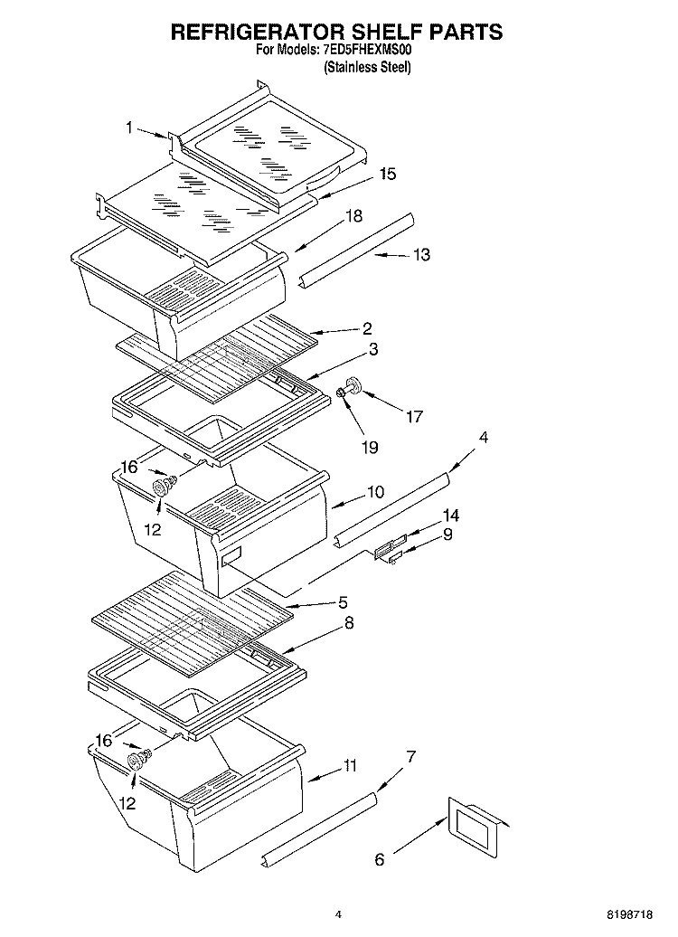 REFRIGERATOR SHELF PARTS Diagram and Parts List for 7ED5FHEXMS00  Whirlpool Refrigerator