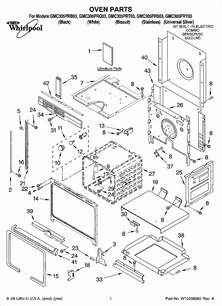 OVEN PARTS Diagram and Parts List for GMC305PRB03  Whirlpool Microwave Oven Combo