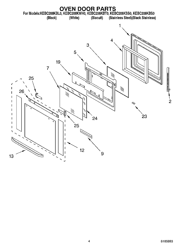 OVEN DOOR Diagram and Parts List for KEBC208KSS0  KitchenAid Wall Oven