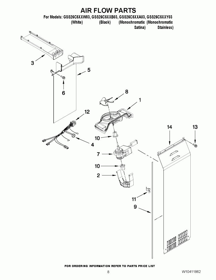 AIR FLOW PARTS Diagram and Parts List for GSS26C5XXA03  Whirlpool Refrigerator