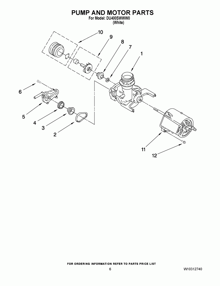 PUMP AND MOTOR PARTS Diagram and Parts List for DU400SWWW0  Whirlpool Dishwasher