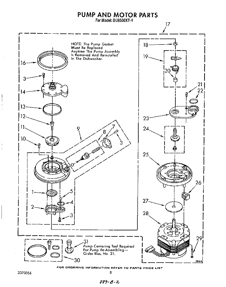 PUMP AND MOTOR Diagram and Parts List for DU8500XT4  Whirlpool Dishwasher