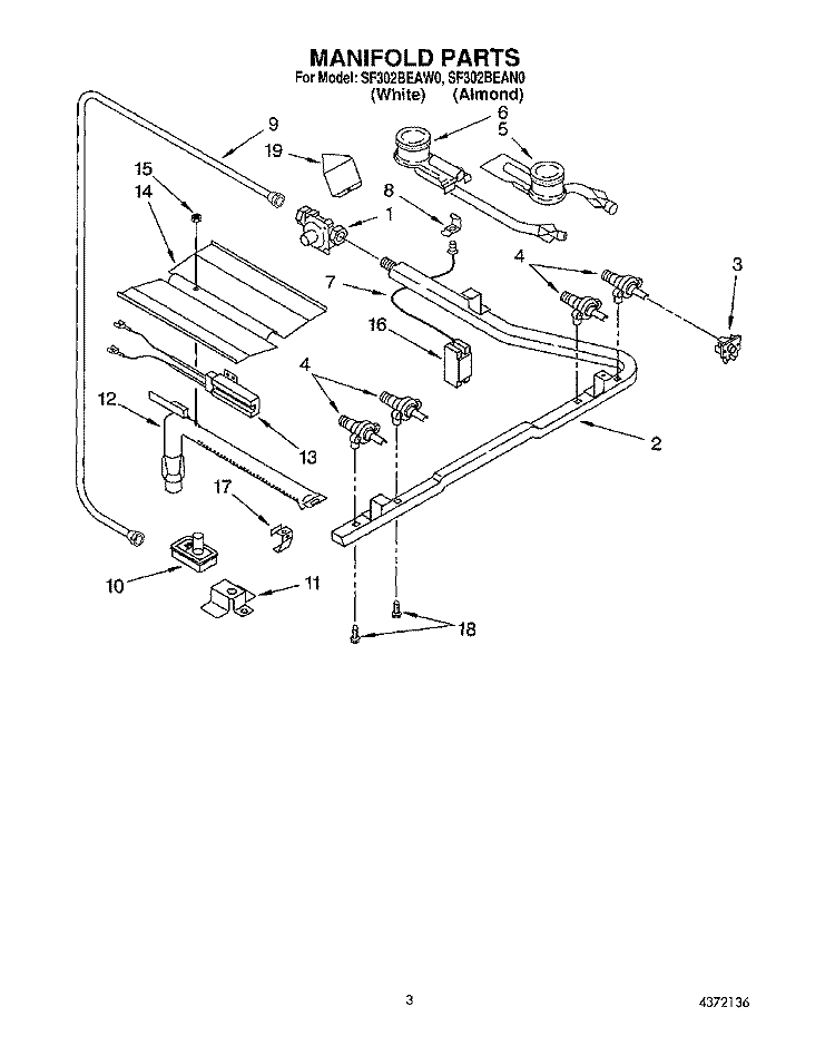 MANIFOLD Diagram and Parts List for SF302BEAN0  Whirlpool Range
