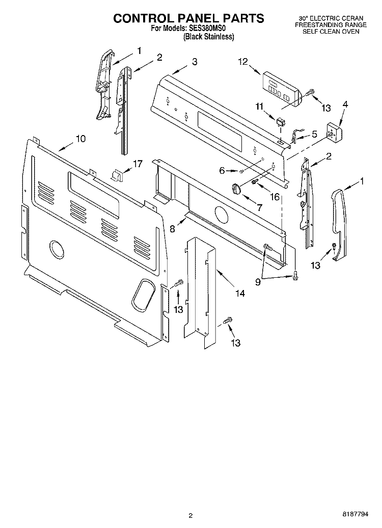 CONTROL PANEL PARTS Diagram and Parts List for SES380MS0  Whirlpool Range