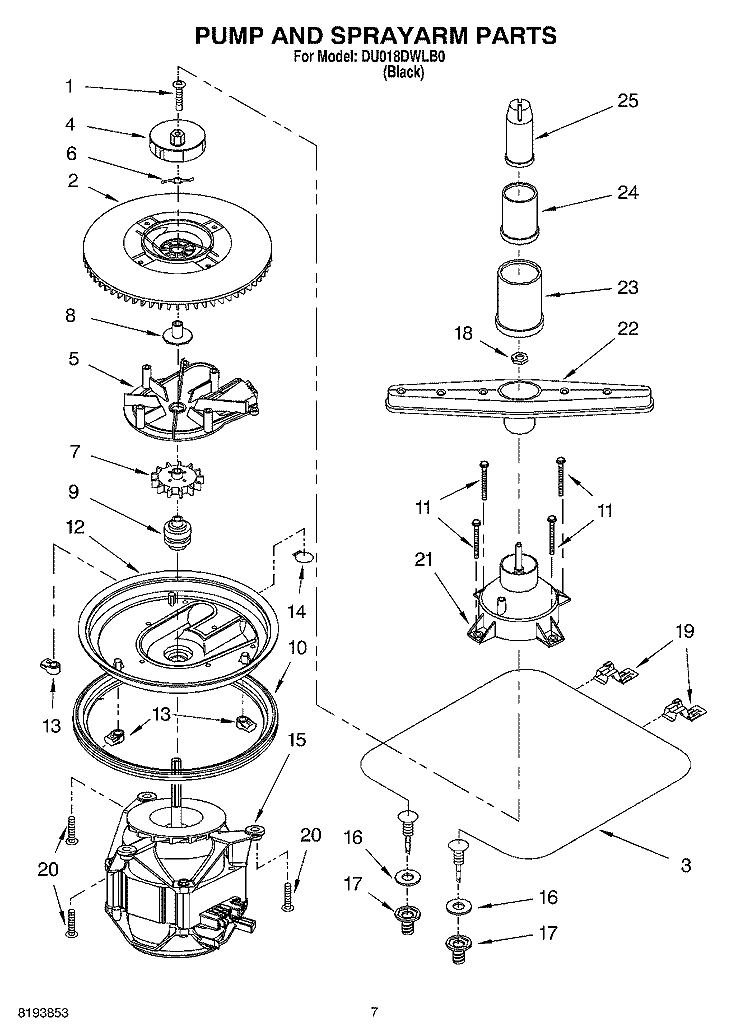 PUMP AND SPRAYARM PARTS Diagram and Parts List for DU018DWLB0  Whirlpool Dishwasher