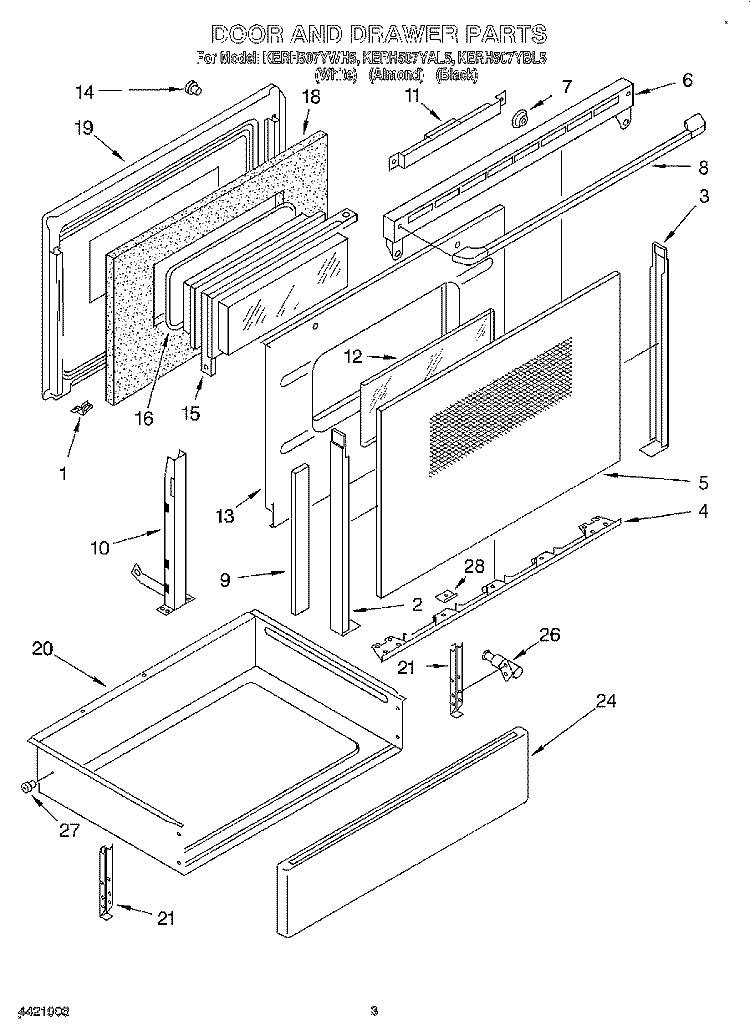 DOOR AND DRAWER Diagram and Parts List for KERH507YAL5  KitchenAid Range