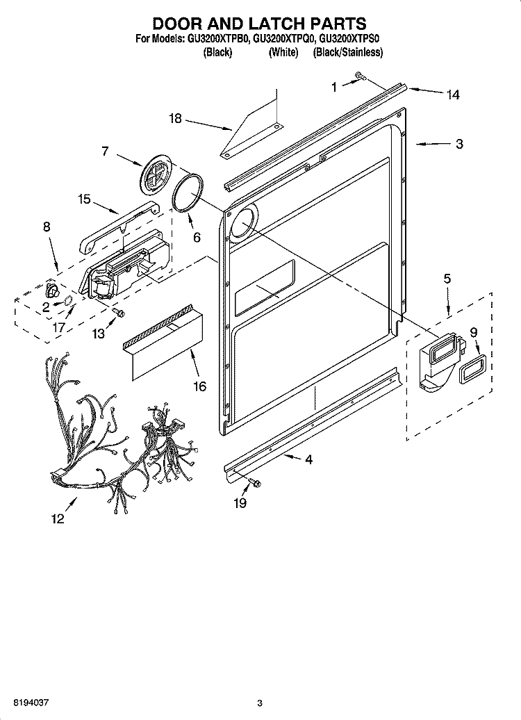 DOOR AND LATCH PARTS Diagram and Parts List for GU3200XTPB0  Whirlpool Dishwasher