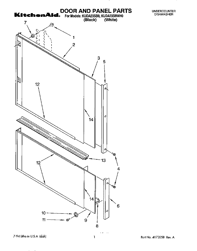 DOOR AND PANEL Diagram and Parts List for KUDA23SB0  KitchenAid Dishwasher