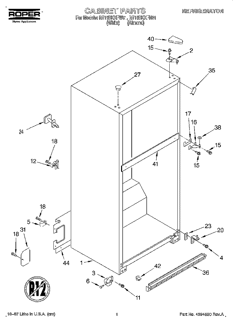CABINET Diagram and Parts List for RT18DKXFW01  Roper Refrigerator