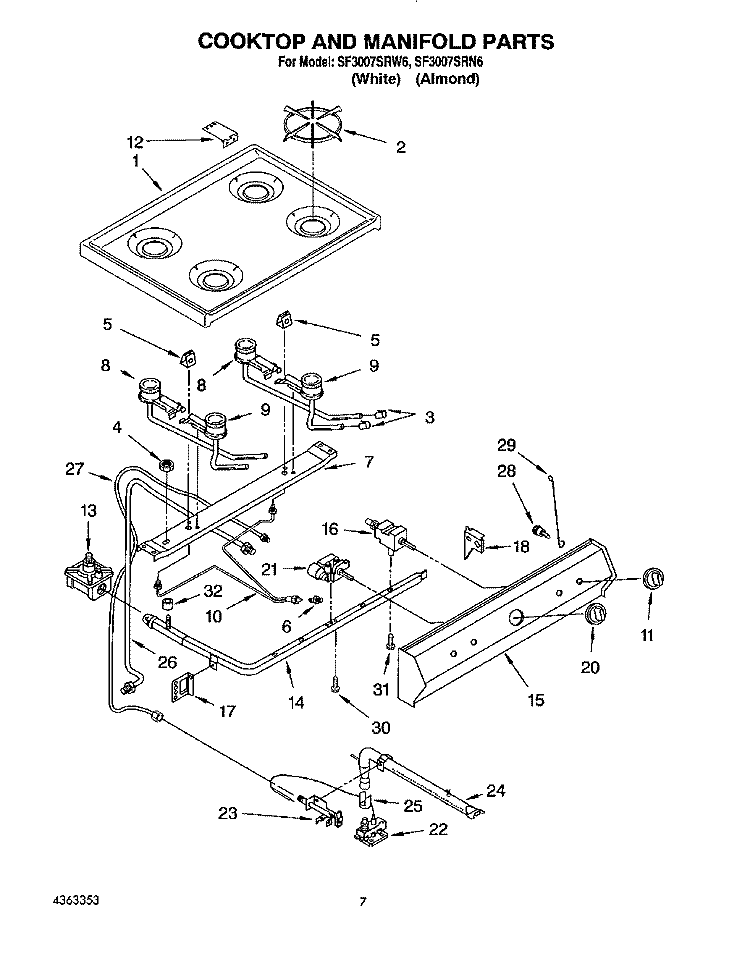 COOKTOP AND MANIFOLD, LIT/OPTIONAL Diagram and Parts List for SF3007SRN6  Whirlpool Range