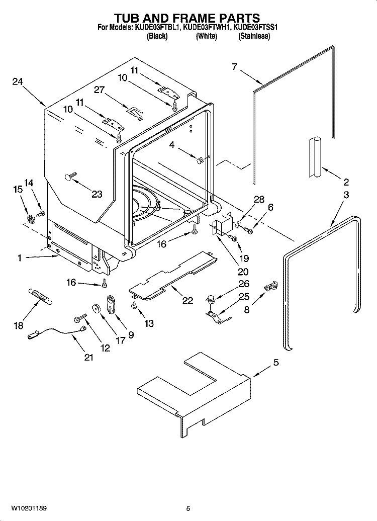 TUB AND FRAME PARTS Diagram and Parts List for KUDE03FTBL1  KitchenAid Dishwasher
