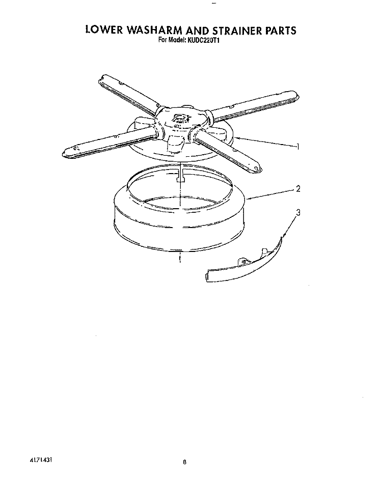 LOWER WASHARM AND STRAINER Diagram and Parts List for KUDC220T1  KitchenAid Dishwasher