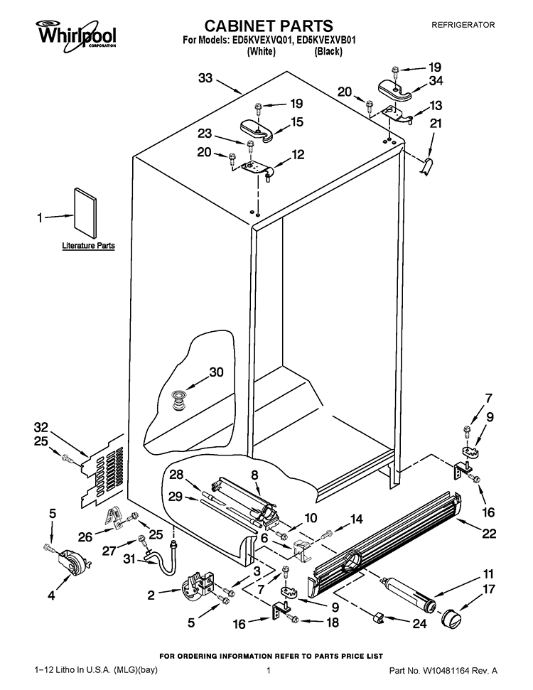 CABINET PARTS Diagram and Parts List for ED5KVEXVB01  Whirlpool Refrigerator