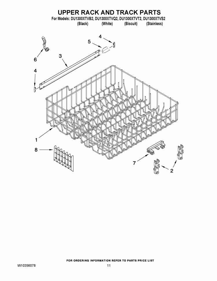 UPPER RACK AND TRACK PARTS Diagram and Parts List for DU1300XTVS3  Whirlpool Dishwasher