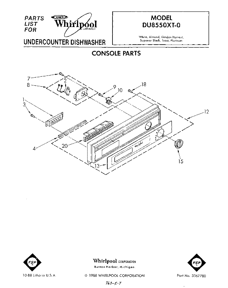 CONSOLE Diagram and Parts List for DU8550XT0  Whirlpool Dishwasher