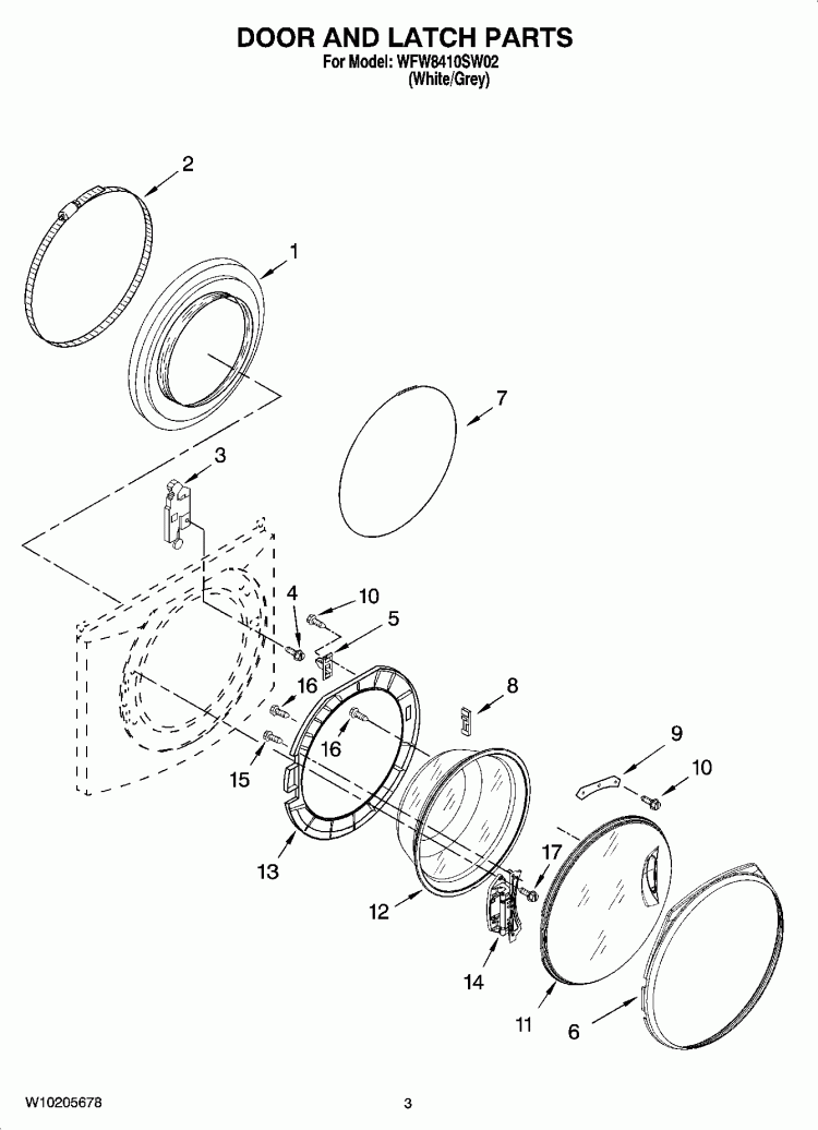 DOOR AND LATCH PARTS Diagram and Parts List for WFW8410SW02  Whirlpool Washer