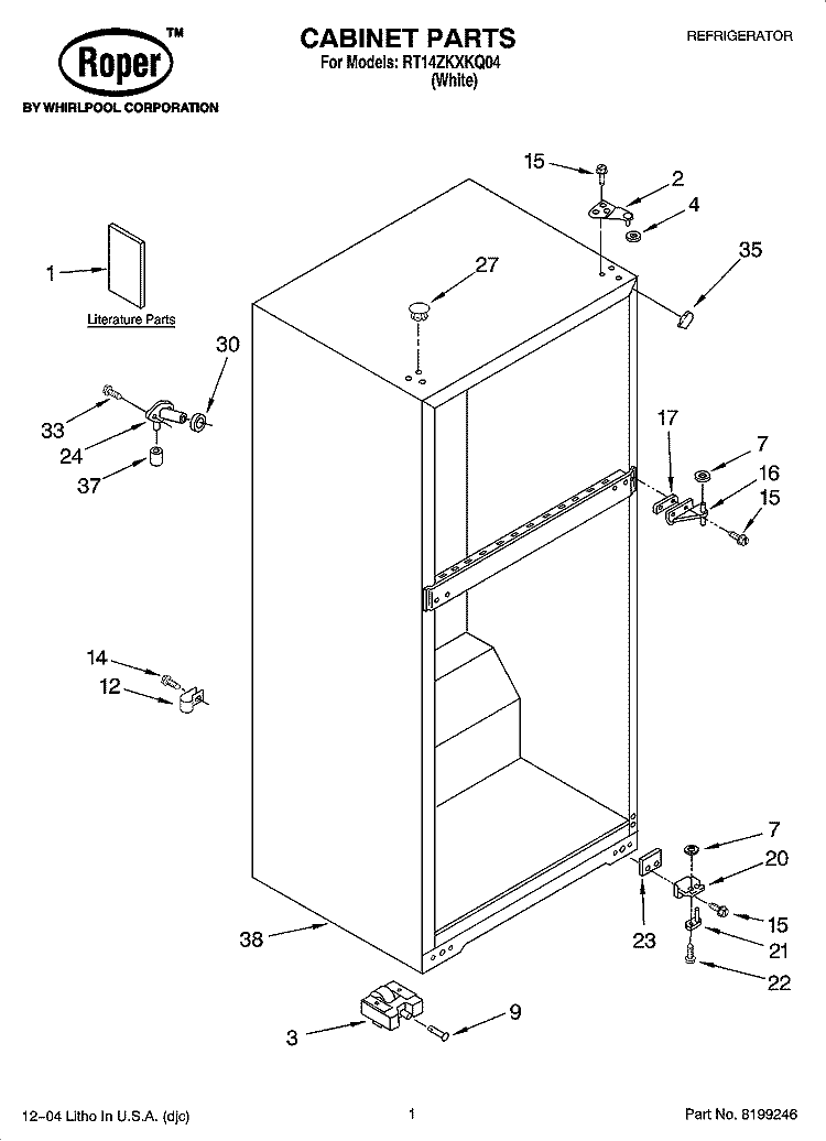 CABINET PARTS Diagram and Parts List for RT14ZKXKQ04  Roper Refrigerator