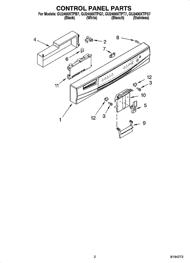 CONTROL PANEL PARTS Diagram and Parts List for GU2400XTPT7  Whirlpool Dishwasher