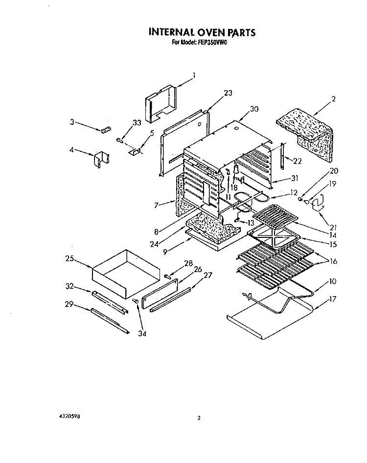 INTERNAL OVEN Diagram and Parts List for FEP350VL0  Whirlpool Range