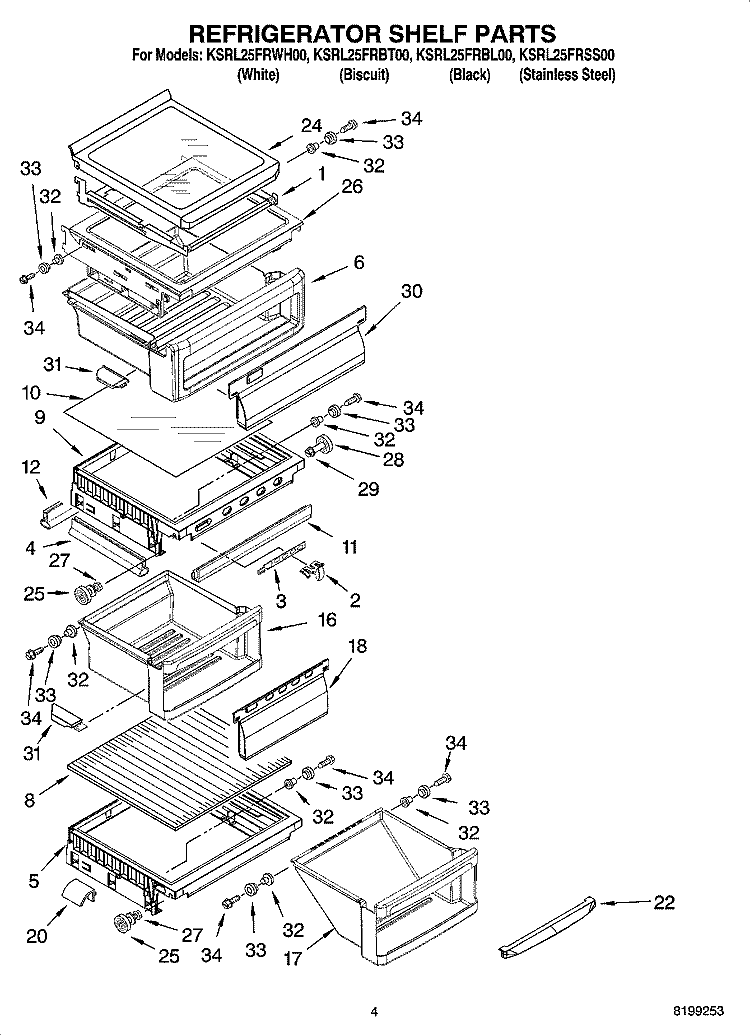 REFRIGERATOR SHELF PARTS Diagram and Parts List for KSRL25FRBT00  KitchenAid Refrigerator