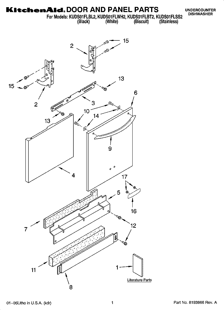 DOOR AND PANEL PARTS Diagram and Parts List for KUDS01FLBL2  KitchenAid Dishwasher