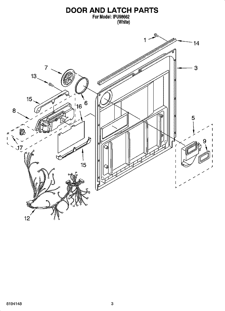 DOOR AND LATCH PARTS Diagram and Parts List for IPU98662  Inglis Dishwasher