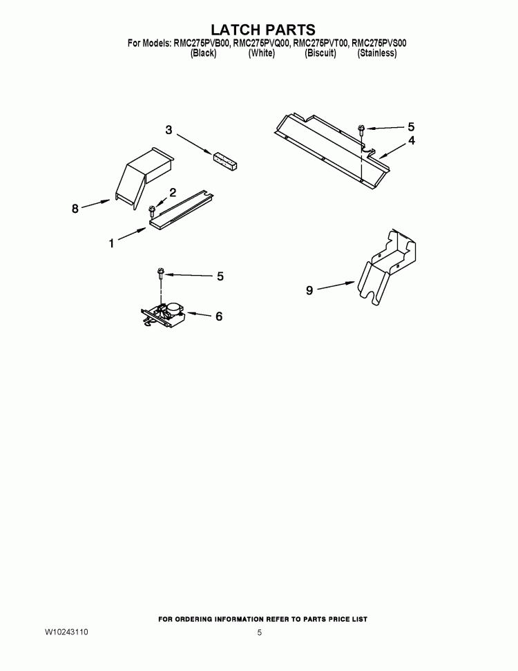 LATCH PARTS Diagram and Parts List for RMC275PVB00  Whirlpool Microwave Oven Combo