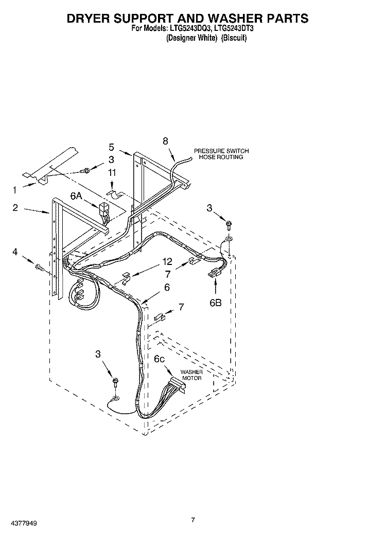 DRYER SUPPORT AND WASHER Diagram and Parts List for LTG5243DT3  Whirlpool Washer Dryer Combo