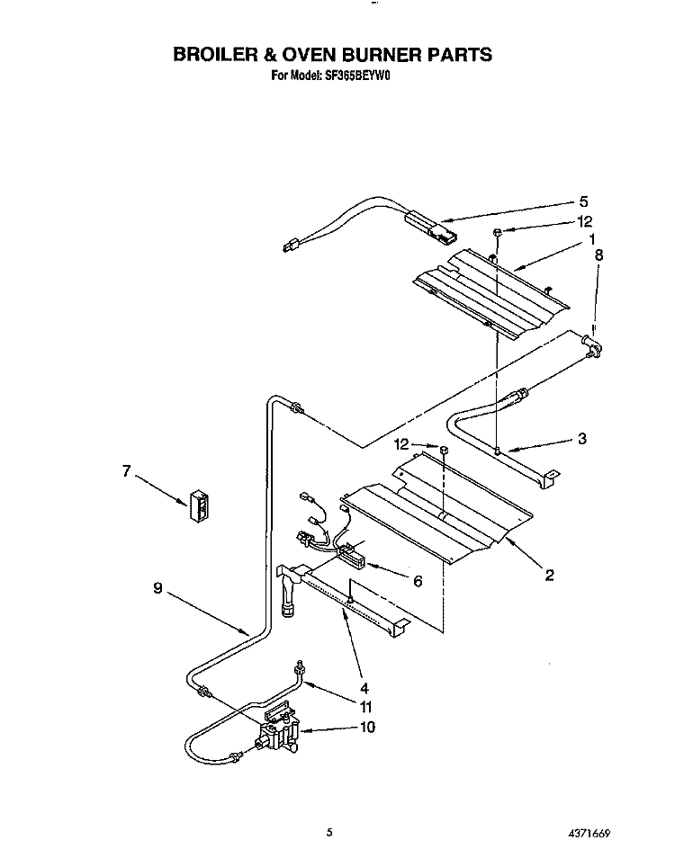 BROILER AND OVEN BURNER Diagram and Parts List for SF365BEYN0  Whirlpool Range