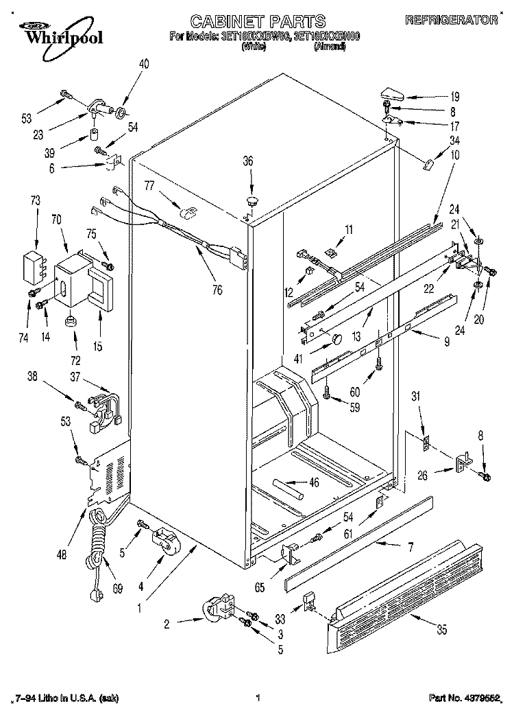 CABINET Diagram and Parts List for 3ET18DKXBW00  Whirlpool Refrigerator