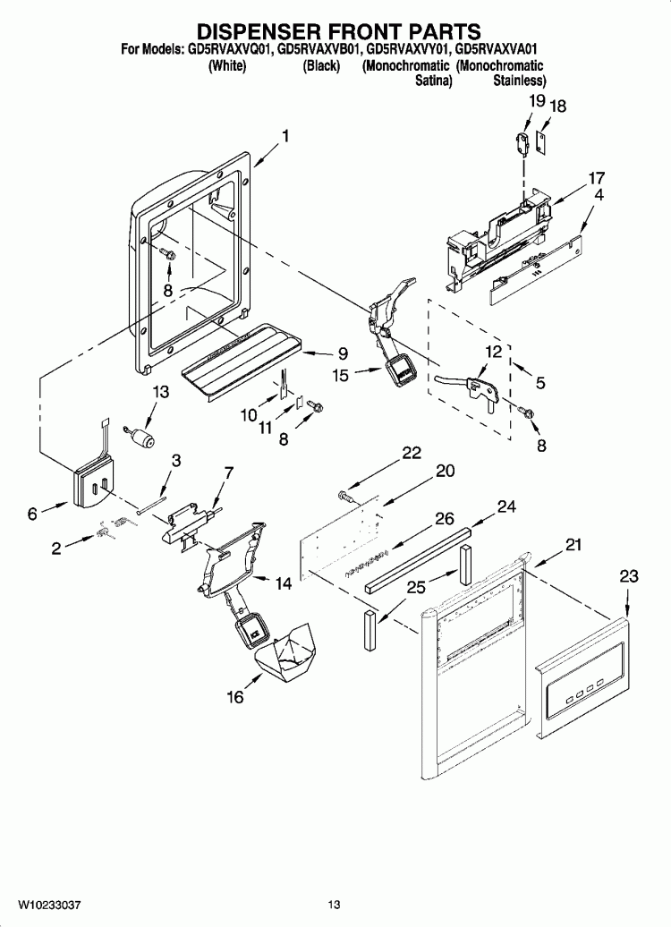 DISPENSER PARTS Diagram and Parts List for GD5RVAXVB01  Whirlpool Refrigerator