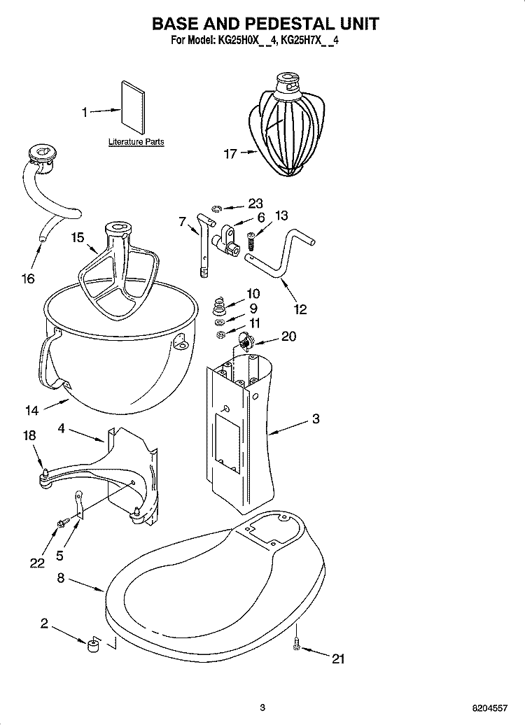 BASE AND PEDESTAL UNIT Diagram and Parts List for KG25H0XBK4  KitchenAid Mixer