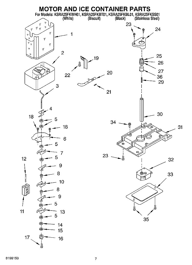 MOTOR AND ICE CONTAINER PARTS Diagram and Parts List for KSRA25FKWH01  KitchenAid Refrigerator