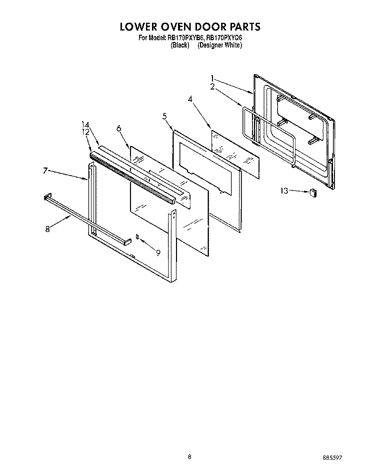 LOWER OVEN DOOR Diagram and Parts List for RB170PXYB6  Whirlpool Wall Oven