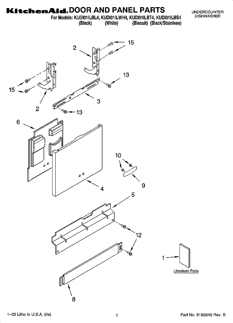 DOOR AND PANEL PARTS Diagram and Parts List for KUDI01ILWH4  KitchenAid Dishwasher
