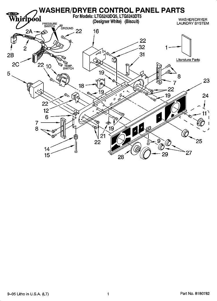 WASHER/DRYER CONTROL PANEL PARTS Diagram and Parts List for LTG5243DT5  Whirlpool Washer Dryer Combo