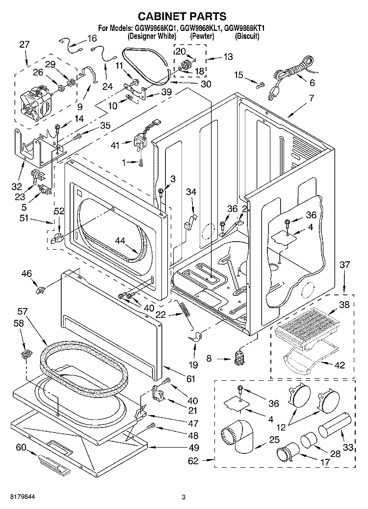 CABINET Diagram and Parts List for GGW9868KL1  Whirlpool Dryer