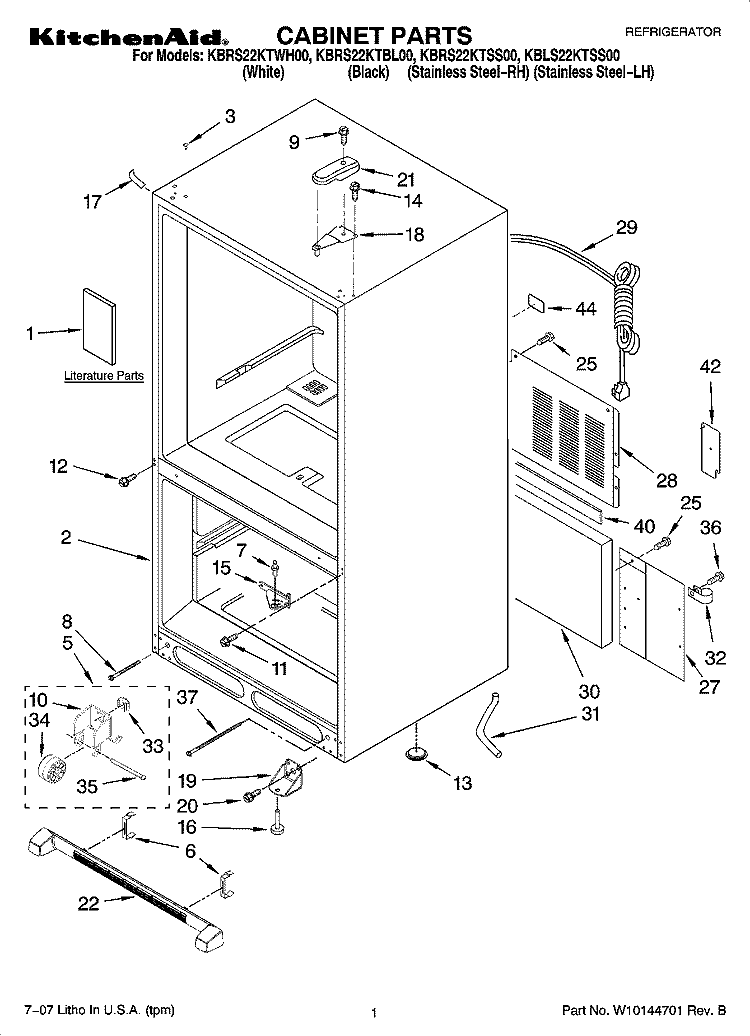 CABINET PARTS Diagram and Parts List for KBRS22KTSS00  KitchenAid Refrigerator