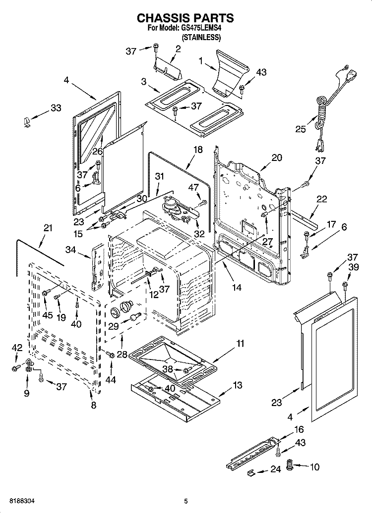 CHASSIS PARTS Diagram and Parts List for GS475LEMS4  Whirlpool Range