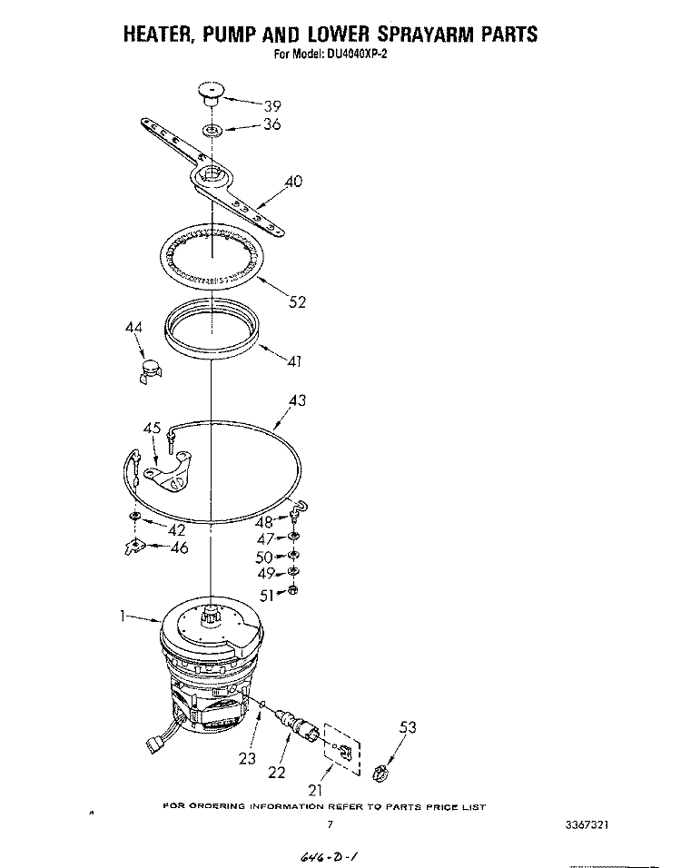 HEATER, PUMP AND LOWER SPRAYARM Diagram and Parts List for DU4040XP2  Whirlpool Dishwasher