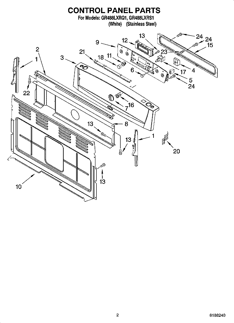 CONTROL PANEL PARTS Diagram and Parts List for GR488LXRQ1  Whirlpool Range