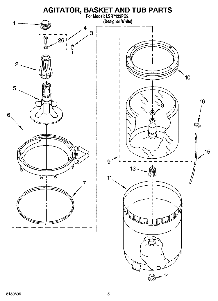 AGITATOR, BASKET AND TUB PARTS Diagram and Parts List for LSR7133PQ2  Whirlpool Washer