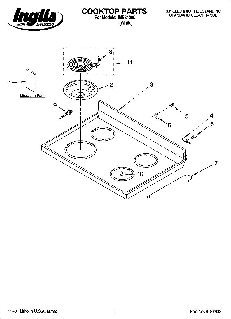 COOKTOP PARTS Diagram and Parts List for IME31300  Inglis Range