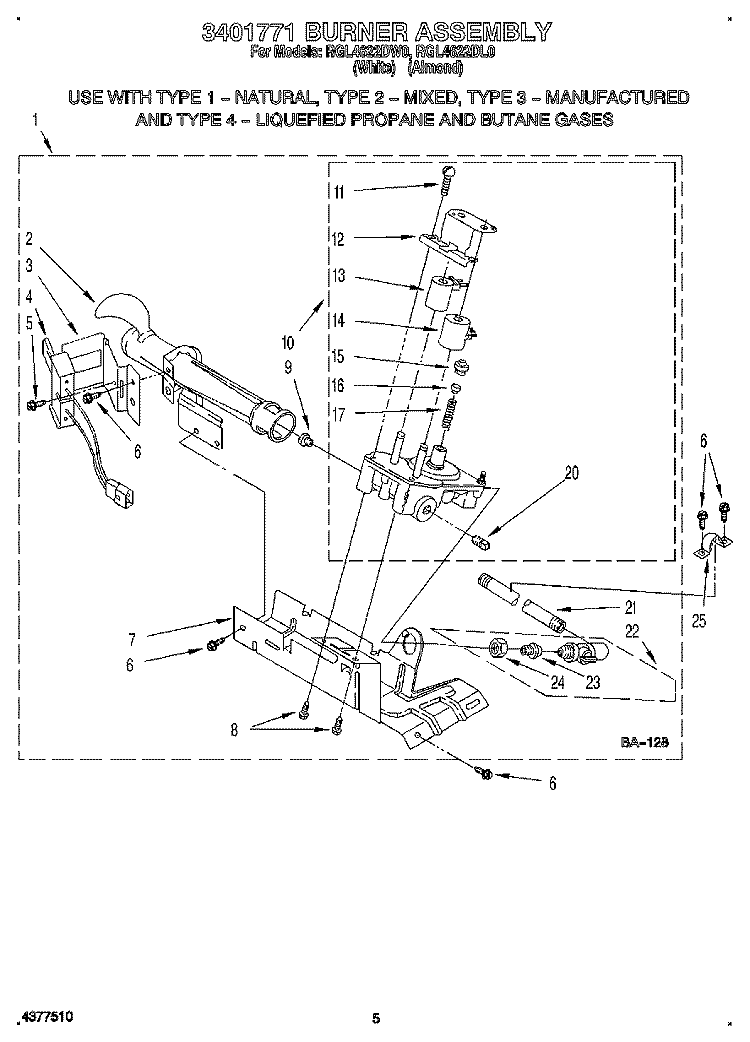 3401771 BURNER ASSEMBLY Diagram and Parts List for RGL4622DW0  Roper Dryer