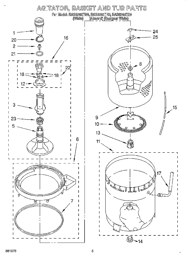 AGITATOR, BASKET AND TUB Diagram and Parts List for RAS8245EN0  Roper Washer