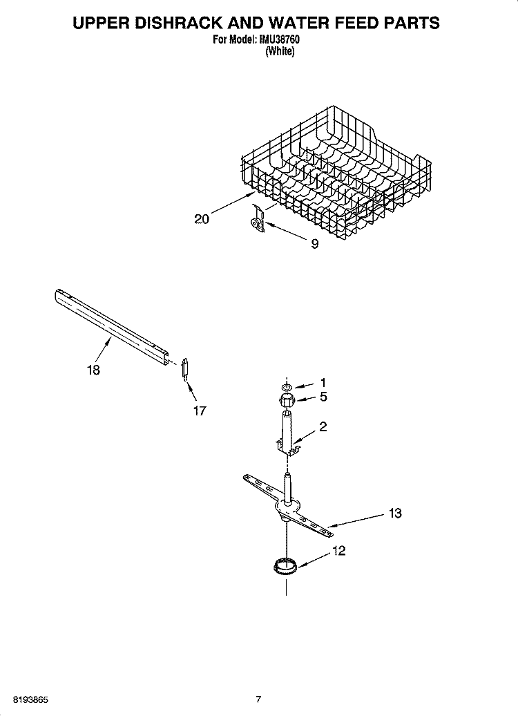 UPPER DISHRACK AND WATER FEED PARTS Diagram and Parts List for IMU38760  Inglis Dishwasher