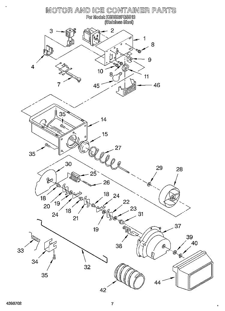 MOTOR AND ICE CONTAINER Diagram and Parts List for KSRS25FGSS13  KitchenAid Refrigerator